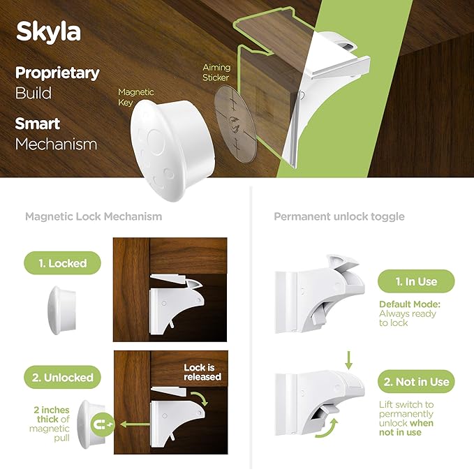 SKYLA HOMES Magnetic Cabinet Locks Baby Proofing Child Safety - The Safest Quickest and Easiest Multi-Purpose 3M Adhesive Child Proof Latches, No Screws or Tools Needed (4 Pack)
