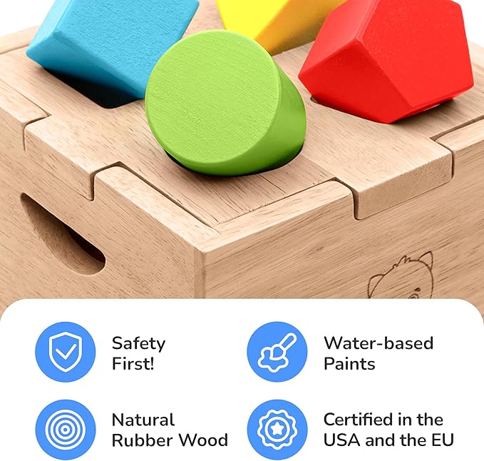Bimi Boo Wooden Shape Sorter Toy for Babies - Premium Simple Sorting Box with Noise-Reducing Silicone Pad - Classic Montessori Toy for Toddlers (8 Various Blocks, 1 Box, 1 Silicone Pad)