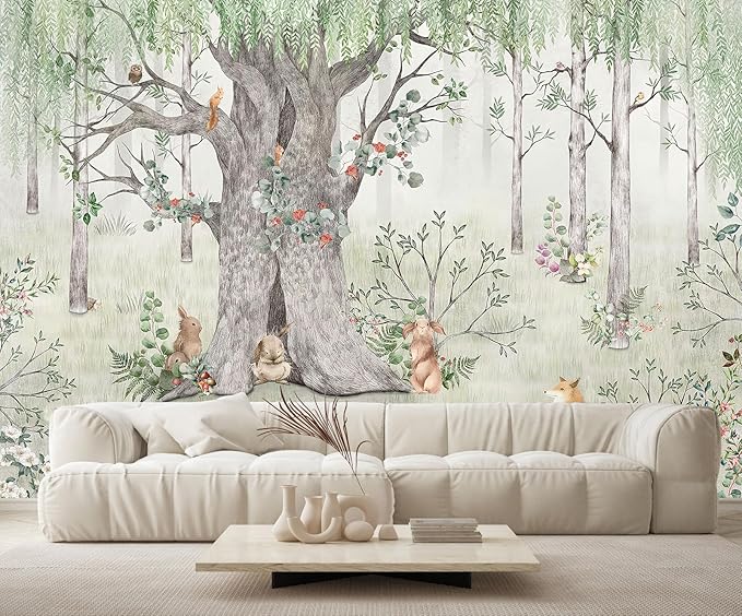 Watercolor Forest Animals Wallpaper Kids Large Tree Mural Wallpaper for Kids Bedroom Living Room(Not Self-Adhesive)