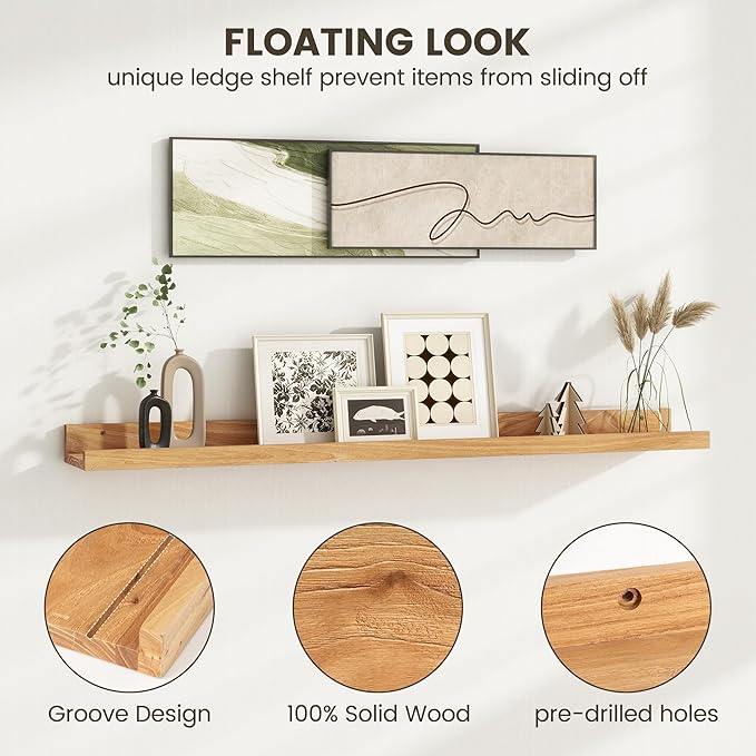 Picture Ledge Shelf - 24 Inches Floating Shelves Set of 2 - Rustic Elm Wood Ledge Shelves for Toys Storage, Kids Bookshelf Wall Mounted for Bedroom, Living Room, Kitchen - 24 Inches - Natural Color