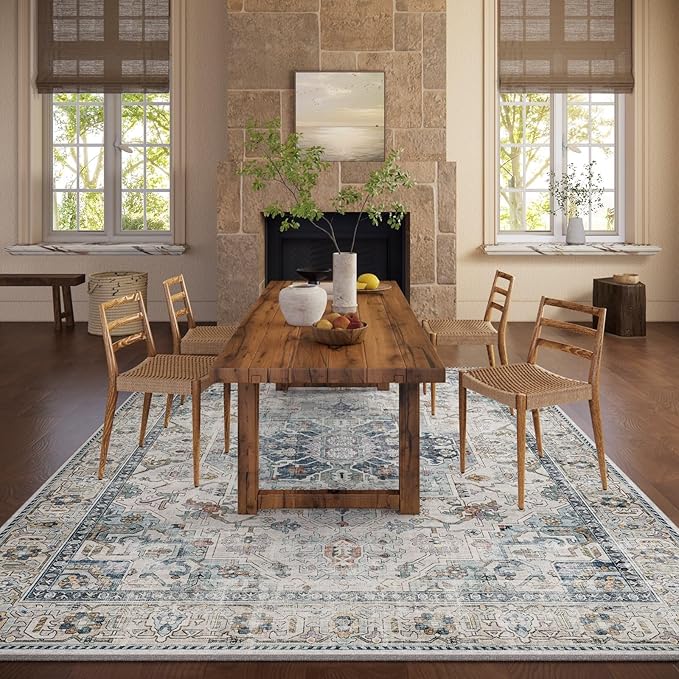 10x14 Area Rugs for Living Room: Washable Bedroom Rug Boho Vintage Rugs Stain Resistant Non Slip Low Pile Soft Lightweight Carpet for Kitchen Dining Room Farmhouse Nursery Kids Room Home Office