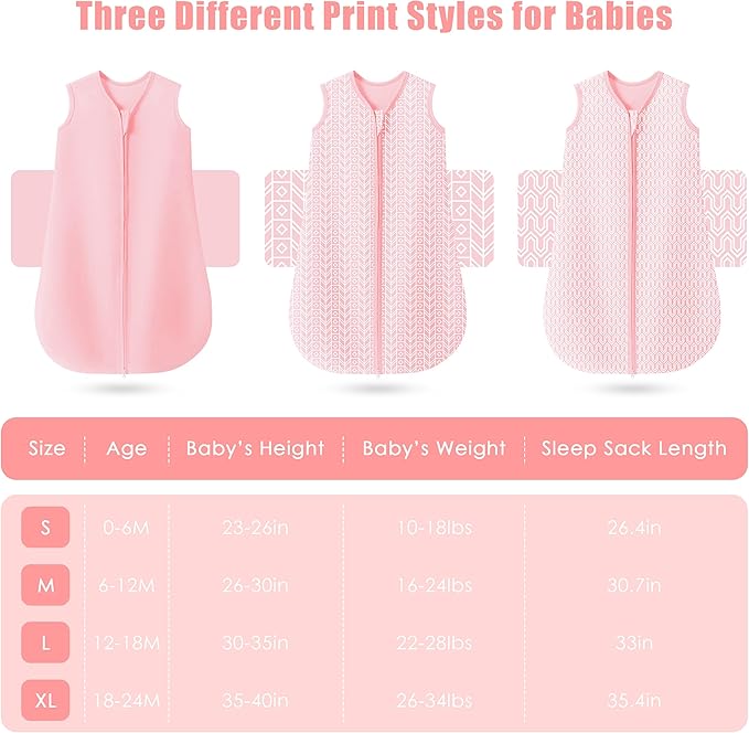 SWEET DOLPHIN Baby Sleep Sack 6-12 Months - 100% Cotton 2-Way Zipper TOG 0.5 Infant Wearable Blanket, Newborn Essentials Toddler 3 Pack Sleeping Sacks - Pink