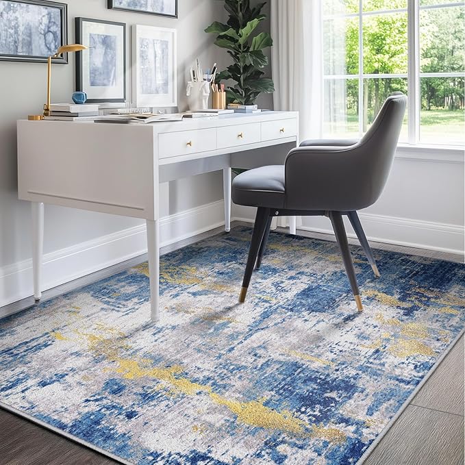 Washable Area Rugs 5'x7' Non-Slip Modern Abstract Soft for Living Room Entryway Bedroom Nursery, Print Pattern, Grey Blue Gold/Golden