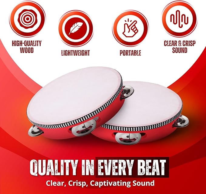 Flexzion Wooden Round Tambourine for Kids and Adults 6" Inch Single Row 8 Pair Jingles, Red Handheld Percussion Instrument for Beginner and Professional Tambourine Player