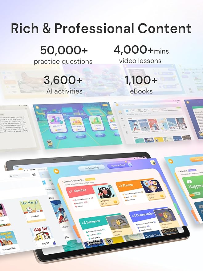 AI Kids Tablet with Scanner - 50000+ Content AI Tutor Learning Tablet with ELA, Math, ABC, Word, Read, Phonics, STEM for Homeschooler Educational Study for PreK - G6 (TalPad T100, Standard)