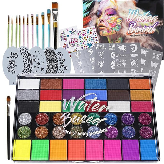 Pintada 42 Color Face Painting Kit for Kids - Non Toxic Water Activated Face Paint Palette With Stencils, Brush, Gems. For Carnival, Halloween, Costume Makeup and Any Creative Activity with Kids