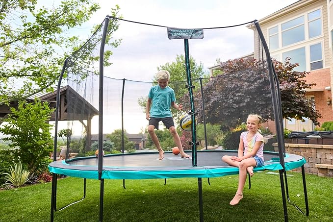 SKYWALKER TRAMPOLINES 12 FT 15 FT Round Trampoline with Safety Enclosure Net, 9 x 15 FT Rectangle Outdoor Trampoline, Recreational Trampoline for Kids