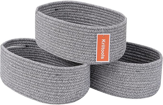 Baskets to Store Organize Household Items/Cute Basket&Bin for Shelf Storage Woven Rope Basket for Living Room, Bedroom,Play room/13x8.66x5.11’’ Cotton Rope,Durable&Stylish,Oval 3 Packs Gray