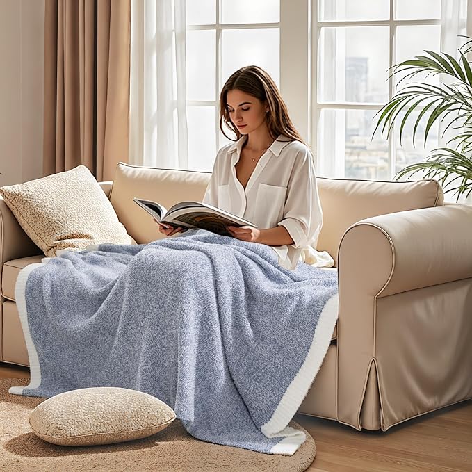 NEXHOME PRO Super Soft Throw Blankets, Cozy Warm Blankets Knit Blanket for Women, Fuzzy Plush Lightweight Throws for Couch, Sofa, Bed, Picnic, Heather Blue White, 50 x 60 inches