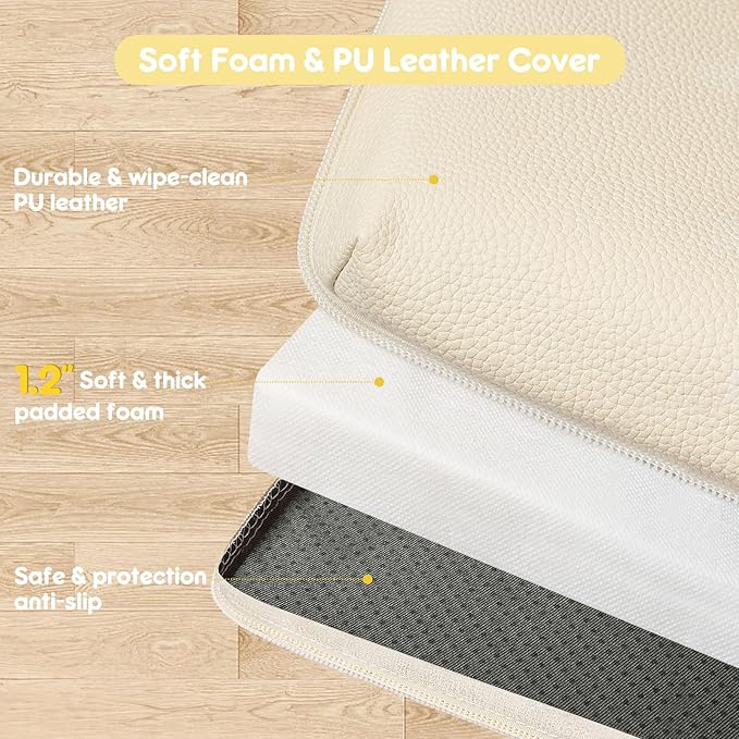 Padded Baby Play Mat, Super Soft Vegan Leather Floor Mat for Baby Girls and Boys, 48x48 Non-Slip Thick Foam Cushioned Play Mat for Babies 6-12 Months, Fits Nicely Into 50x50 Playpen Mat, Beige