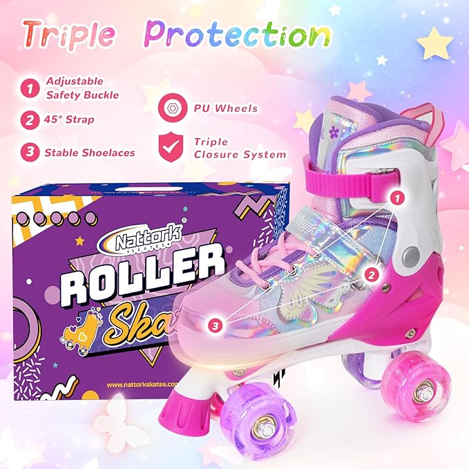 Nattork Kids Roller Skates for Girls Boys Kids, 4 Sizes Adjustable Quad Skates Butterfly and Flower with All Light up Wheels - Birthday Gift for Indoor Outdoor Sports