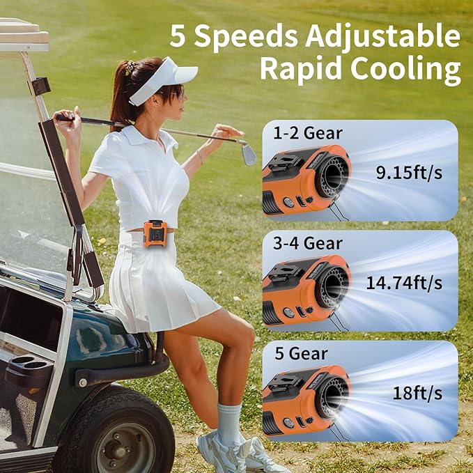 Socool 10000mAh Portable Waist Fan Clip on Wearable Belt Personal Fan Rechargeable Battery Operated with 5 Speeds & Flashlight Neck Hands-Free 40H Cooling for Outdoor Travel Power Bank (Orange)