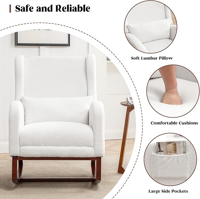 Rocking Chair Nursery,Teddy Nursery Rocking Chairs with Foot Rest, Sherpa Nursing Chair Glider Rocker with Wingback and Pillow for Living Room, Bedroom, White