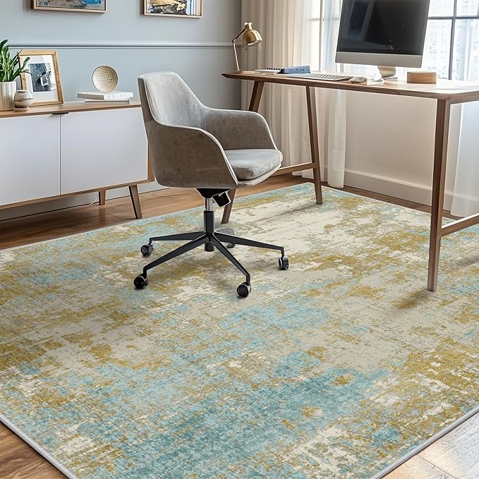 Washable Area Rugs 8'x10' Non-Slip Modern Abstract Soft for Living Room Entryway Bedroom Nursery, Print Pattern, Teal Blue Taupe