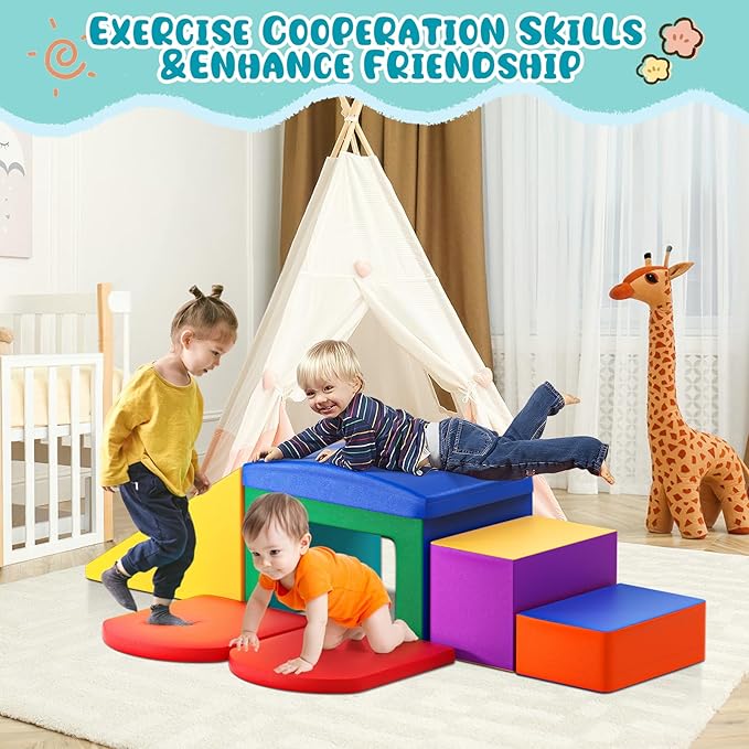 Lischwert Indoor Soft Foam Climber Play Sets, Toddler Climbing Toys Indoor with Slide Stairs and Ramp Indoor Climbing Toys for Kids and Children,6 Pieces Colorful