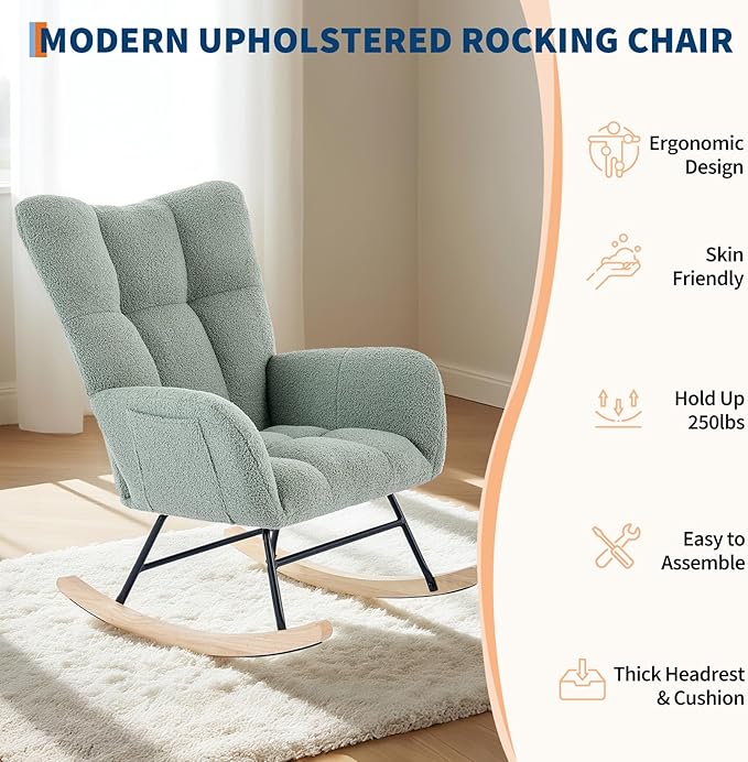 Nursery Rocking Chair,300Lb Glider Chair with Wood Legs/Two Side Pockets,Teddy Upholstered Glider Rocker with Padded Seat High Backrest for Living Room/Bedroom/Nursery