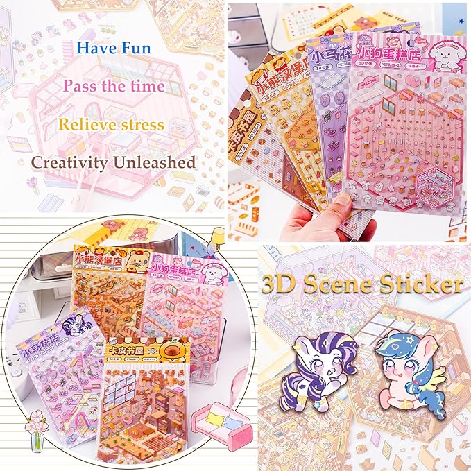 4 Sets DIY 3D House Sticker Make Your Own Mini Flower Shop, Bookstore, Cake Shop, Burger Shop Scenes Stickers for Kids Cartoon Scene Stickers for Adult Relief Stress Pass The Time