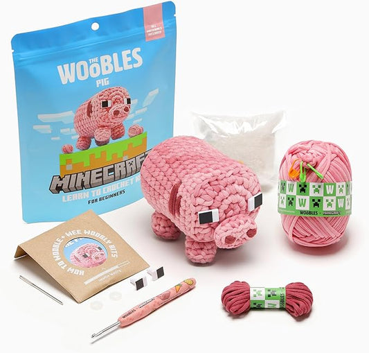 The Woobles Minecraft Crochet Kit – Beginner Crochet Kit for Adults & Kids, Easy Knitting Kit with Woobles Yarn, DIY Crafts, Crochet Animals, Minecraft Toys, Gift for Gamers & Crafters (Pig)