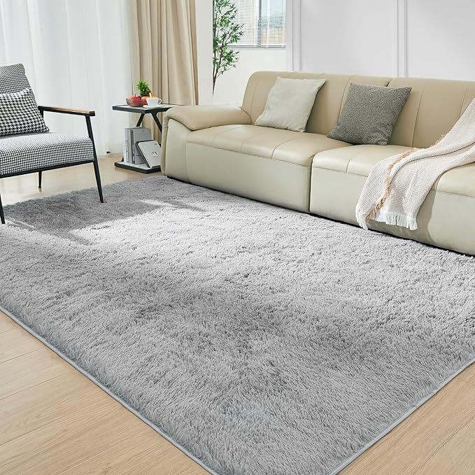 Ultra Soft Rug for Living Room, 4X6 Fluffy Shag Area Rug for Bedroom, Modern Shaggy Carpets Fuzzy Rug for Teens Dorm Nursery Home Decor Aesthetic, Upgrade Anti-Skid Durable, Light Grey