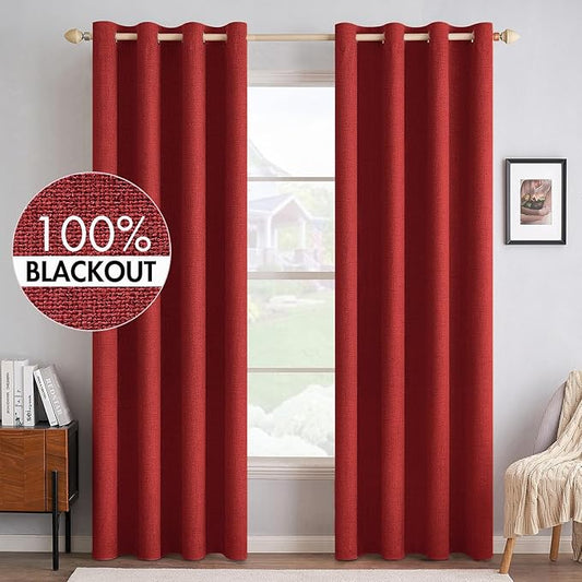 MIULEE 100% Blackout Linen Curtains for Bedroom Thermal Insulated Red Grommet Room Darkening Curtains & Drapes Christmas Decor for Living Room Nursery 52 x 84 Inch (2 Panels)