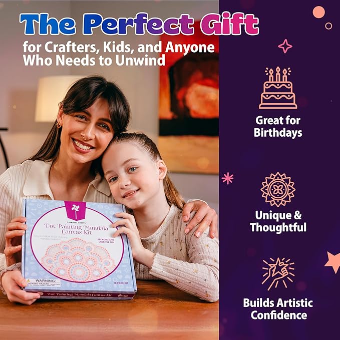 Pinwheel Crafts Painting Kit Mandala for Kids Ages 6-12 - Dot Painting Canvas Set with Mandala Dotting Tools, Paints, Brushes, Easy Instruction - Relaxing DIY Gift, Arts and Crafts Kit for Teens