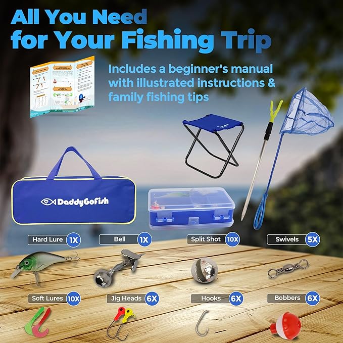 DaddyGoFish Kids Fishing Pole - Rod Reel Combo Tackle Box Starter Set - First Year Small Dock Gear Kit for Boys Girls Toddler Youth Age Beginner Little Children Junior Anglers Older Kids