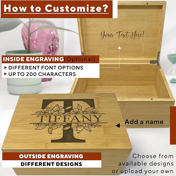 Personalized Initial Storage Box - Custom Engraved Wedding Memory Box for Keepsakes, Decorative Storage Chest, Rustic Memorabilia Box for Valentines Day, Monogrammed Wedding Gifts, 11x8x4.75 in