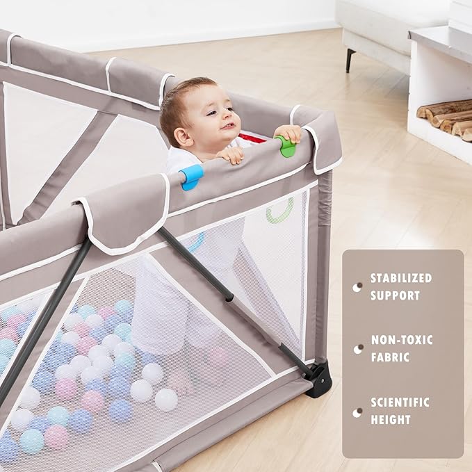 Baby Playpen Foldable, Playard for Babies and Toddlers, Portable Playpen Activity Center with 50 Balls+2 Handles for Travel, Indoor & Outdoor Play Pen with Mesh 59''x71''
