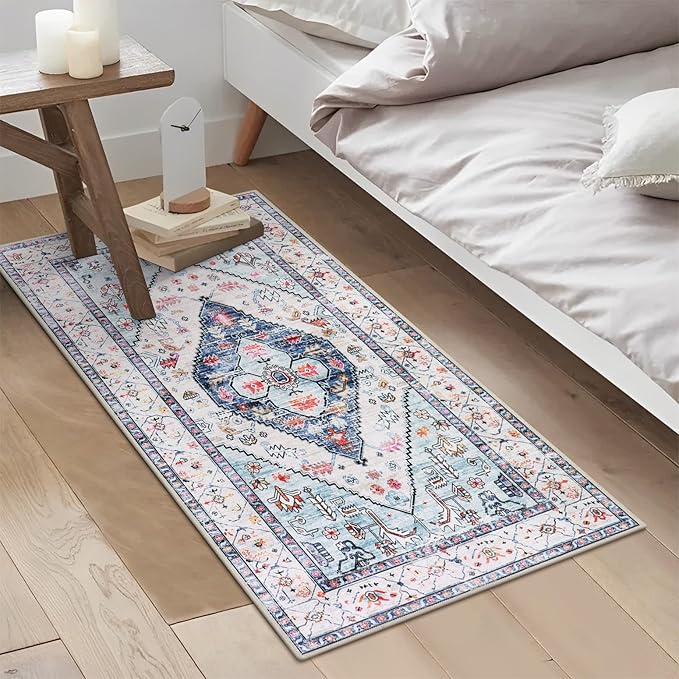 Lahome Boho Round Rug - 7Ft Washable Area Rug, Non-Slip Small Bathroom Rug, Lightweight Bedroom Throw, Oriental Distressed Print Carpet for Entryway, Sofa, Nursery, Kids Room