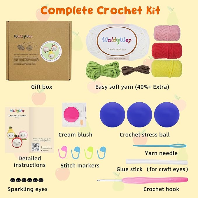 WaldyWop Crochet Kit for Beginners: 3PCS Fruit Squishies Knitting Kits, DIY Craft Kits for Adults w/Video Tutorials & Soft Yarn, Hook - Hobbies Starter Kit for Kids, Birthday Gifts Set for Girls Women
