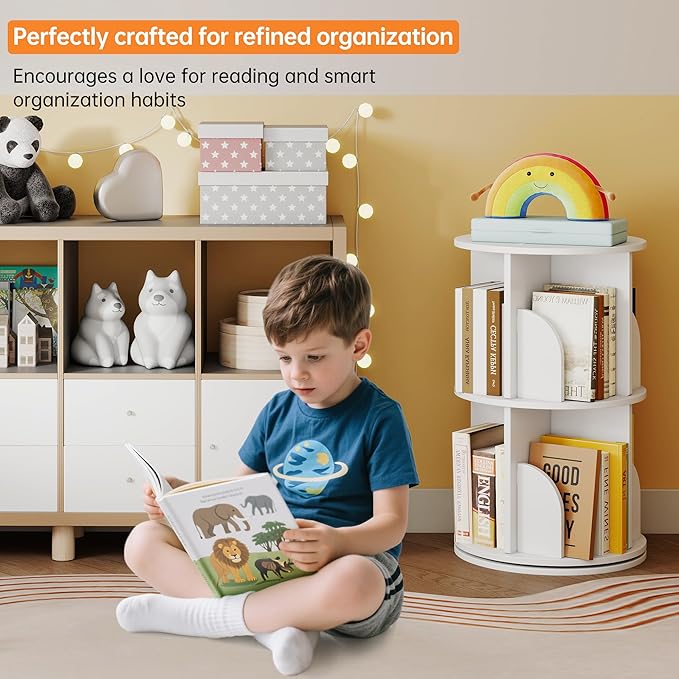 Rotating 2-Tier Bookshelf, 360° Spinning Corner Bookcase with Lazy Susan, White Space Saving Organizer for Study Room, Home Office, Kids Rooms, Bedroom, Adults & Kids
