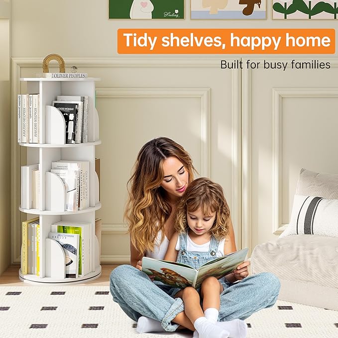 Rotating 3-Tier Bookshelf, 360° Spinning Corner Bookcase with Lazy Susan, White Space Saving Organizer for Study Room, Home Office, Kids Rooms, Bedroom, Adults & Kids