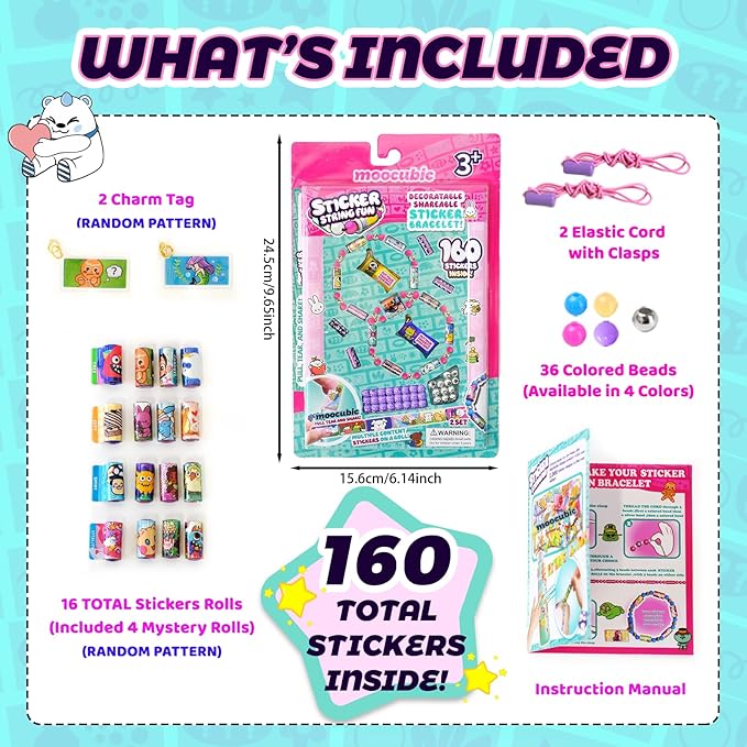 MooCubic Stickers Friendship Bracelet Making Kit, 16 Rolls (160 Cute Stickers), Wearable Shareable DIY Jewelry Craft Set for Kids Girls Boys Ages 3 +, Birthday Creative Gift for Child 5 6 7 8, Blue