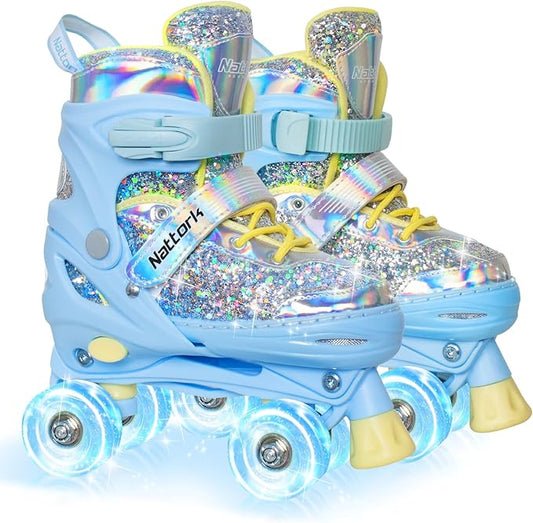 Nattork Kids Roller Skates for Girls Kids, 4 Sizes Adjustable Girls Roller Skates for Ages 3-12 with Light up Wheels & Safety Protection - Cool Birthday Gift for Indoor Outdoor Sports