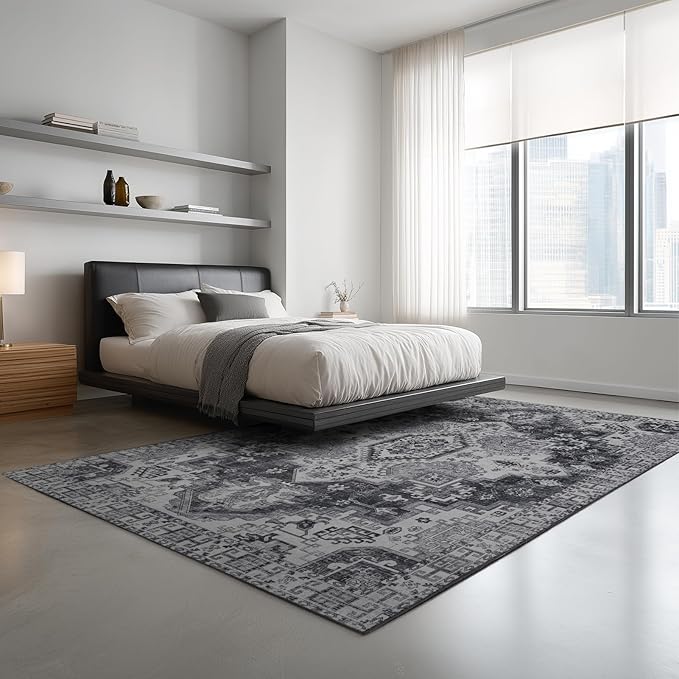 Washable Rugs 5x7 Area Rugs for Living Room, Thin Carpet for Bedroom, Soft Faux Wool Retro Dining Room Rug，Non Slip&Non-Shedding Resistant Low Pile Vintage Print Rug for Home Office (Medium Gray)