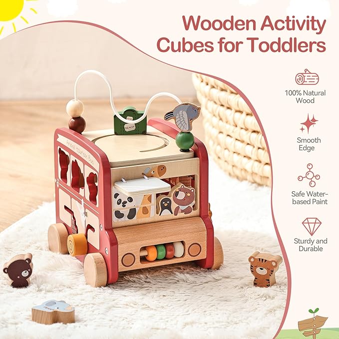 EERKEOD Wooden Activity Cubes for Toddlers Montessori Toys for Boys Girls Educational Learning Toys for Kids Wooden Toys for First Birthday Gift