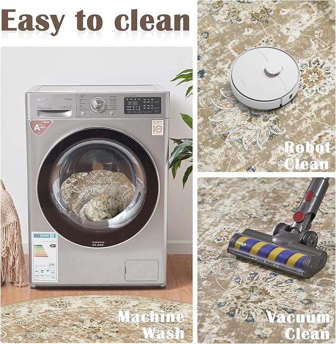 jinchan Round Rug 5ft Area Rug - Indoor Vintage Hallway Circle 5' Washable - Ultra-Thin Low Pile Soft Small Non Slip Distressed Floral Print for Living Room Dining Room Bedroom Entryway Taupe