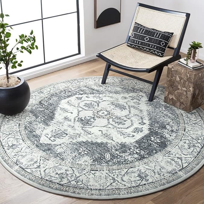 Lahome Boho Round Area Rug - 3Ft Round Rug Non-Slip Washable Bathroom Rug Low-Pile Throw Small Circle Carpet for Bedroom, Oriental Distressed Print Grey Round Mat for Entryway Sofa Kitchen Office