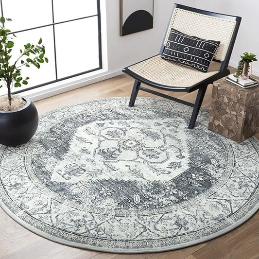 Lahome Boho Round Area Rug - 3Ft Round Rug Non-Slip Washable Bathroom Rug Low-Pile Throw Small Circle Carpet for Bedroom, Oriental Distressed Print Grey Round Mat for Entryway Sofa Kitchen Office