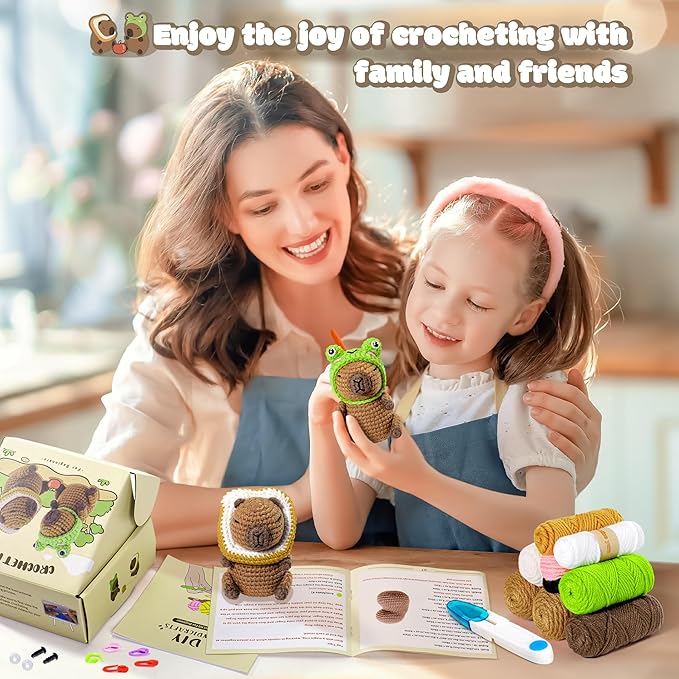 Capybara Crochet Kit for Beginners, 2PCS Capybara with Frog and Bread Hats Crochet Animal Kit with Step-by-Step Video Tutorials, Starters Crocheting Kits, Stuffed Animals Knitting Kit for Kids Adults