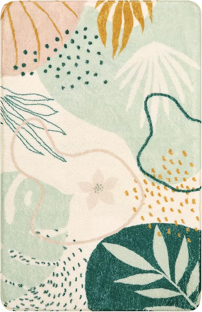 Lahome Green Botanical Print Small Throw Rugs Modern Abstract Non-Slip 3x5 Minimalist Art Area Rug Accent Distressed WashableFloor Carpet for Living Room Bedroom Entryway