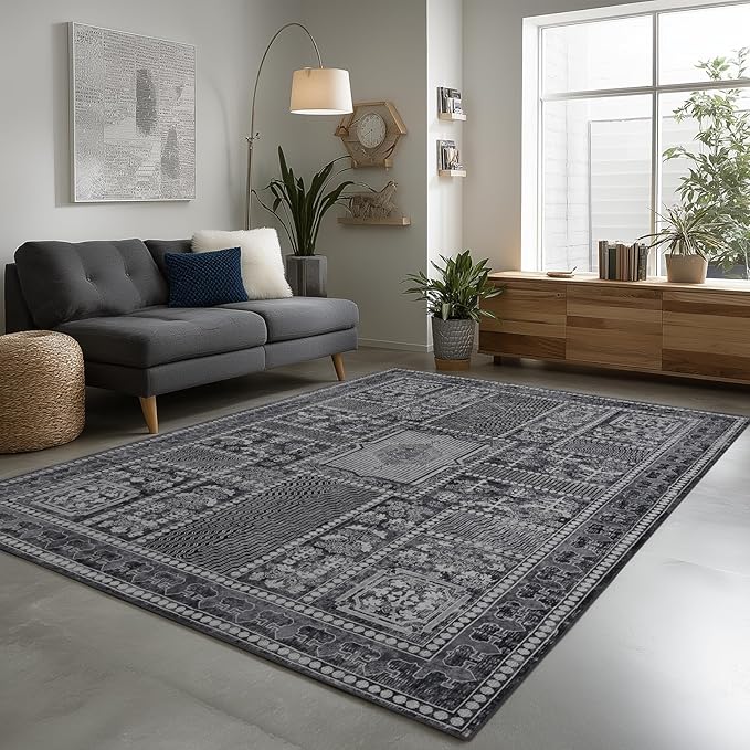 Washable Rugs 5x7 Area Rugs for Living Room, Thin Carpet for Bedroom, Soft Faux Wool Retro Dining Room Rug，Non Slip&Non-Shedding Resistant Low Pile Vintage Print Rug for Home Office (Grey)