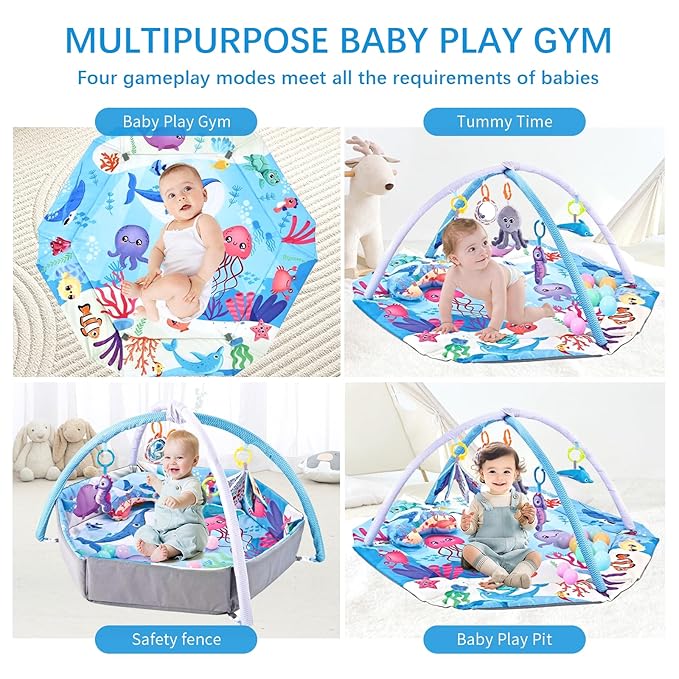 Baby Play Gym Mat,10-in-1 Tummy Time Mat,Sea World Baby Play Mat Activity Gym,Washable Foldable Baby Floor Play Mat for Infants and Toddlers from 0-6-12 Months Newborn Sensory Motor Skill Development