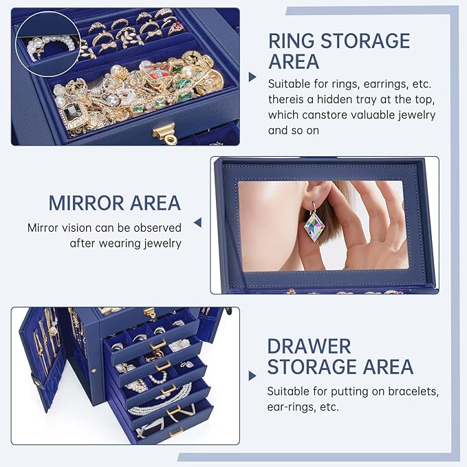 AKOZLIN 6-Tier Jewelry Box Organizer Functional 5 Drawers Leather Jewelry Storage Case for Women Girls Ring Necklace Earring Bracelet Holder Organizer with Mirror Blue