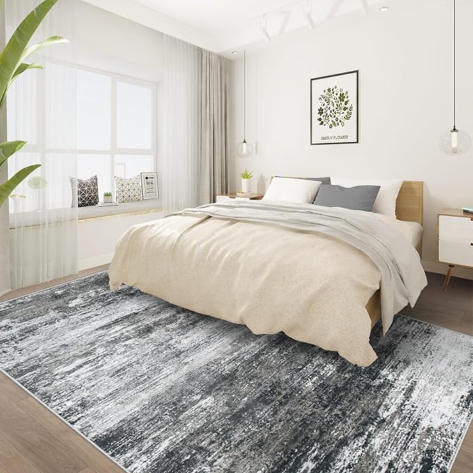 Washable Rug 5x7 Area Rugs for Living Room: Neutral Soft Rug Abstract Non Slip Low Pile Modern Carpet for Bedroom Kitchen Nursery Office Dining Room Indoor (Black, 5'x7')