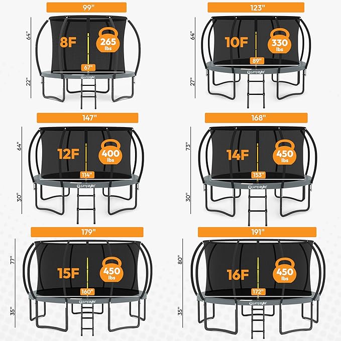 JUMPZYLLA Trampoline Outdoor 8FT 10FT 12FT 14FT 15FT 16FT with Enclosure and Ladder, ASTM Approved Recreational Trampoline for Kids and Adults, Anti-Rust Coated Frame