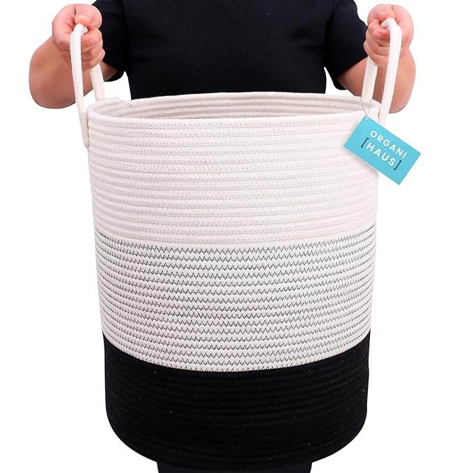 OrganiHaus Black & White Blanket Storage Basket for Living Room 15x18, Woven Nursery Hamper Basket, Large Toy Basket Storage for Kids, Laundry Hamper, Baby Laundry Basket, Cute Cotton Rope Basket