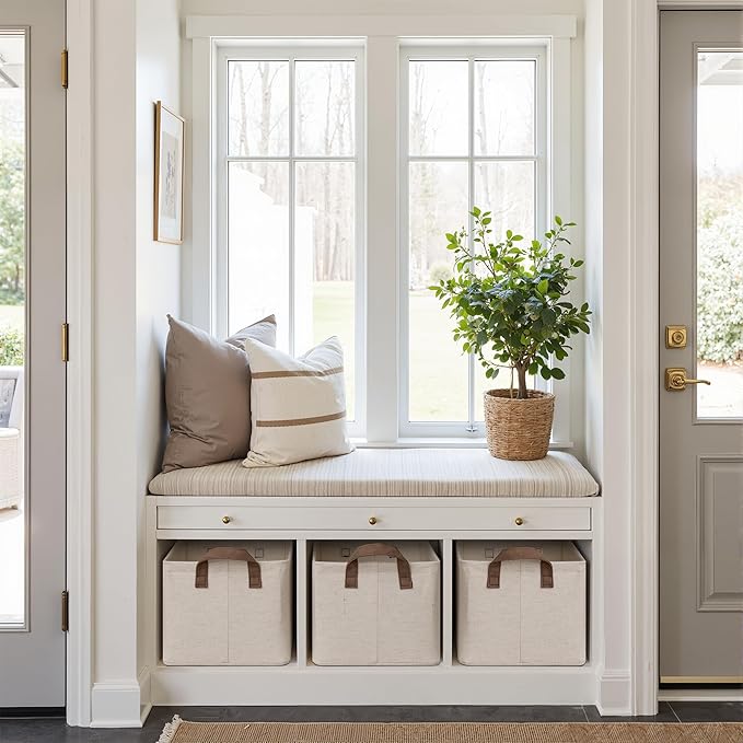 StorageWorks Storage Bins, Shelves Baskets for Organizing, Fabric Closet Organizers with Handles, Metal Frame, Beige（Cotton-linen）, 2-Pack