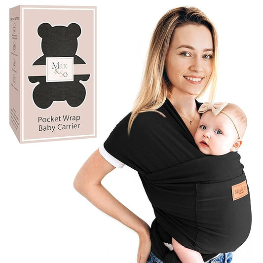 Baby Wrap Carrier - Premium Cotton Baby Carrier Wrap for Newborn to Toddler- Infant Carrier- Baby Holder One Size Fits All with Front Pocket (Black) by Max&so