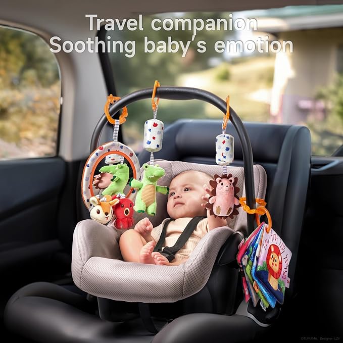 TUMAMA Car Seat Toys 3 6 9 12 Months, Plush Animal Rattle Mirror Soft Crinkle Book Baby Enlightenment Toy Set, Newborn Crib Stroller Play Gym Hanging Toys
